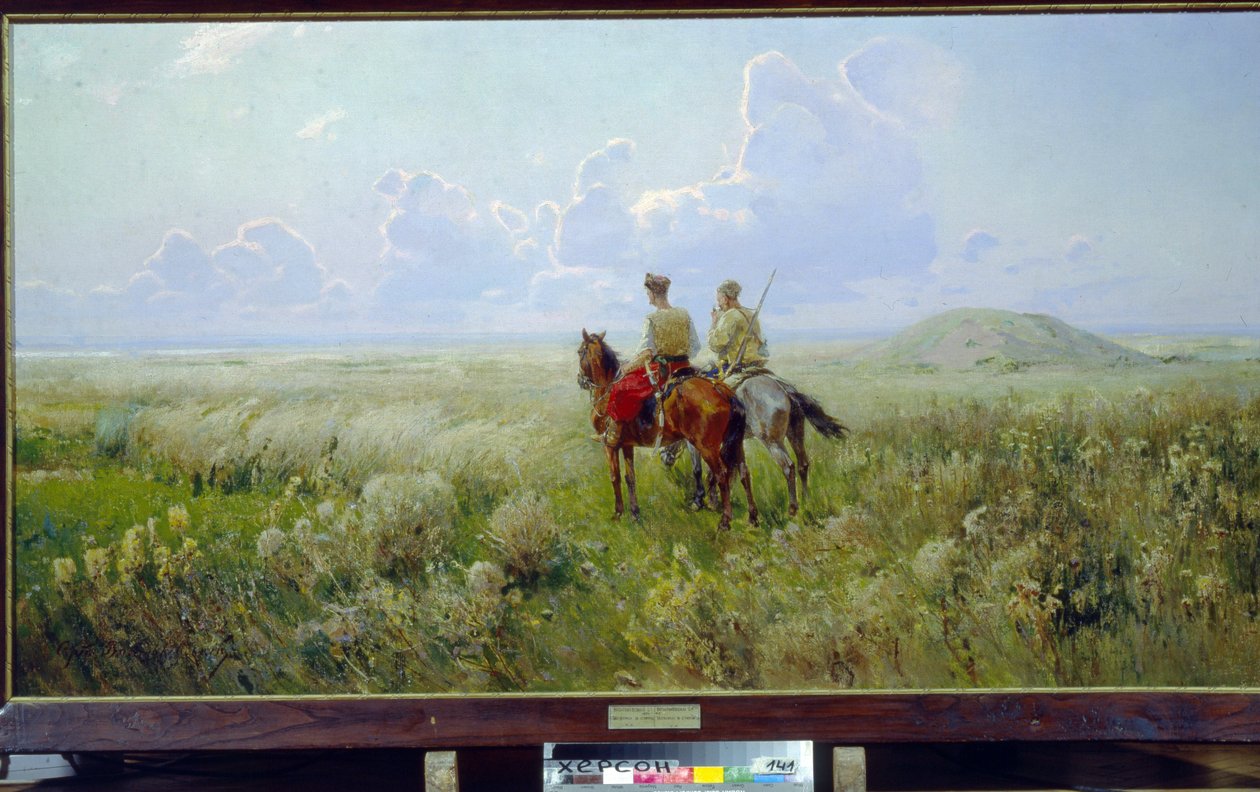 Kozákok a sztyeppén (Kozákok a sztyeppén) - Szergej Ivanovics Vaszilkovszkij (1854-1917) festménye, olaj, vászon, 1900 körül - Regionális Művészeti Múzeum, Herson (Ukrajna) alkotó: Sergei Ivanovich Vasilkovsky