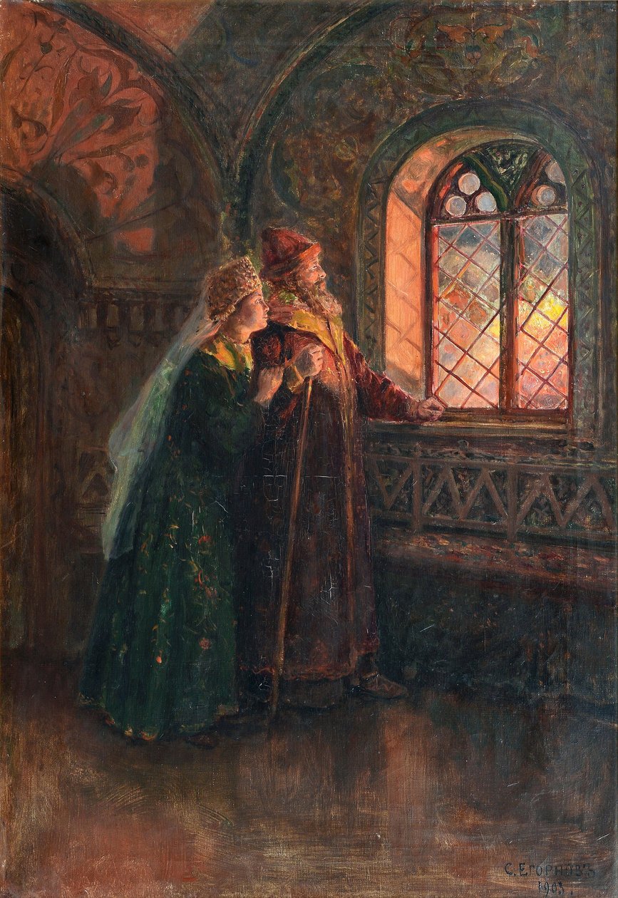 Alekszej Mihajlovics cár és Maria Miloslavskaya a moszkvai tűzvész idején, 1903 alkotó: Sergei Semyonovich Yegornov