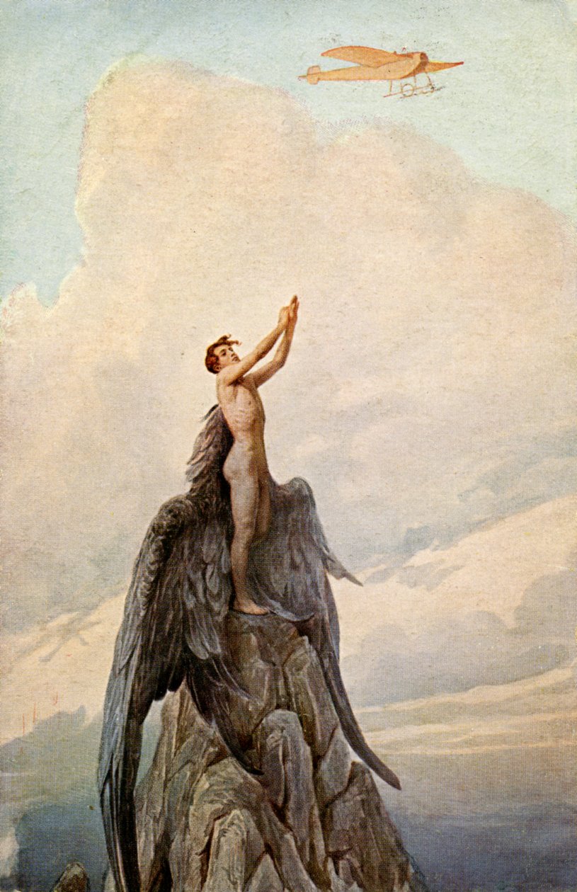 Szállítás. Repülés. Ikarosz álma. Ikarusz és repülőgép. Illusztráció: J. Solomko, Magyarország, 1916 körül. (képeslap) alkotó: Sergei Sergeevich Solomko