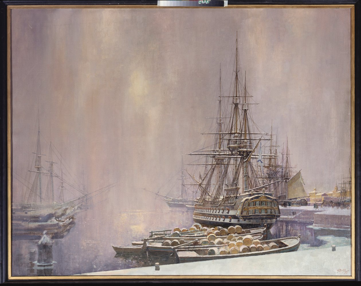 Kronstadt télen (A balti-tengeri kikötő Nagy Péter idejében (1672-1725) - Kronstadt télen - Szergej Varlenovich Pen (született 1952-ben) festménye), olaj, vászon alkotó: Sergei Varlenovich Pen