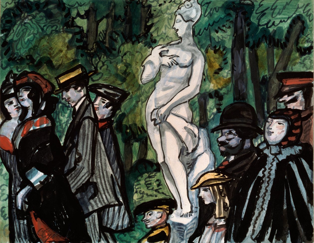 A nyári kertben. (Családok a legjobb vasárnapi séta során egy szobor körül Szentpéterváron). Szergej Jurijevics Sudejkin (Serge Soudeikine) (1882-1946) munkája, ceruza, gouache és tinta papíron. orosz művészet alkotó: Sergei Yurevich Sudeikin
