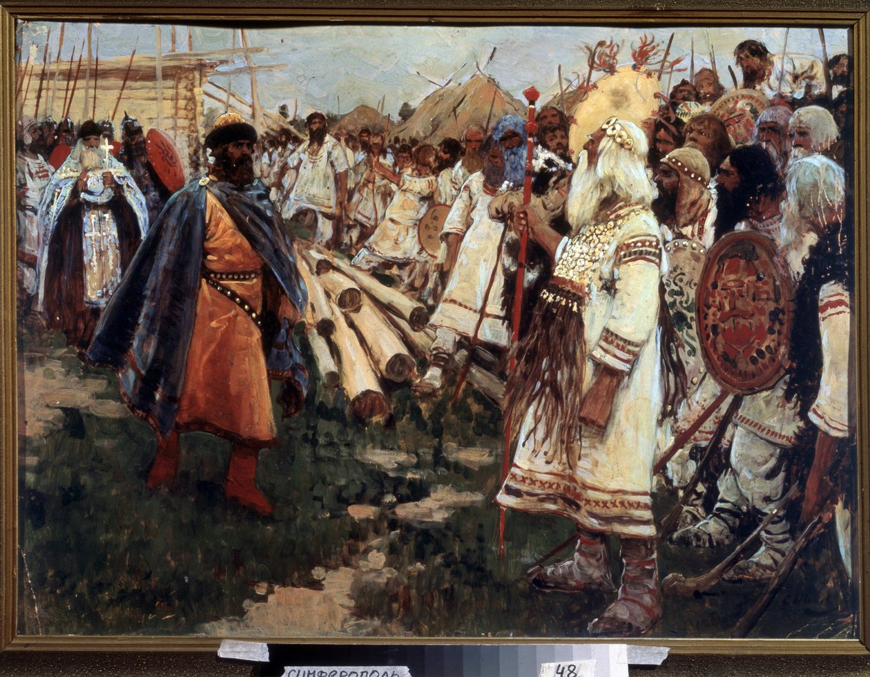 ""Kereszténység és pogányság"" Ukrajna keresztényesítése - A két vallás allegóriája szemtől szembe - Szergej Ivanov (1864-1910) festménye 1909 Regionális Művészeti Múzeum, Szimferopol alkotó: Sergej Vasilevic Ivanov