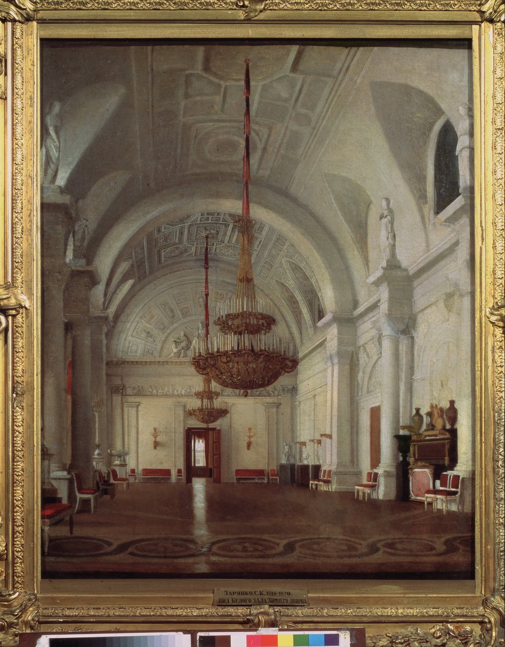 Kilátás a szentpétervári Téli Palota fehér termére. Szergej (Szergej, Szergej) Konsztantyinovics Zarjanko (Zarianko) (1818-1870) festménye, olaj, vászon. orosz művészet alkotó: Sergey Konstantinovich Zaryanko