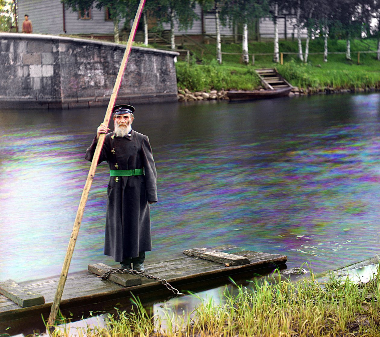 Pinkhus Karlinszkij, nyolcvannégy éves: hatvanhat év szolgálat, a csernigovi zsilip felügyelője, Mariinszkij csatorna és folyórendszer, Orosz Birodalom, 1909. alkotó: Sergey Prokudin Gorsky