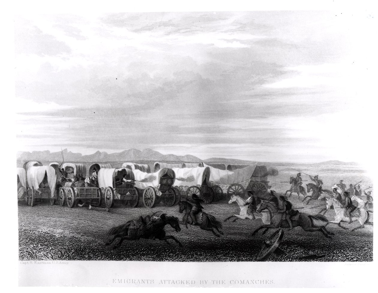 A komancsok által megtámadt emigránsok, John Smith metszete alkotó: Captain Seth Eastman