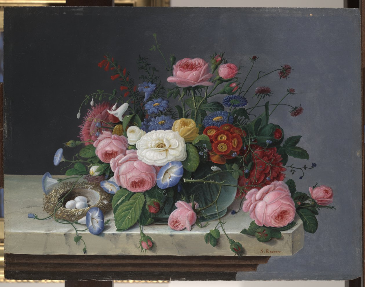 Csendélet virágokkal és madárfészekkel, 1860 után alkotó: Severin Roesen