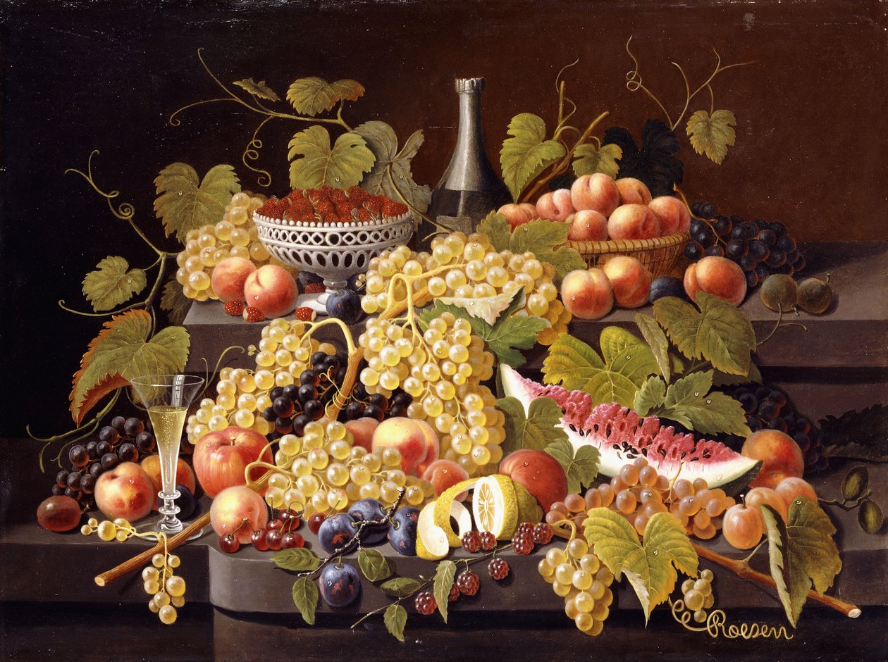 Csendélet gyümölccsel és pezsgővel, alkotó: Severin Roesen