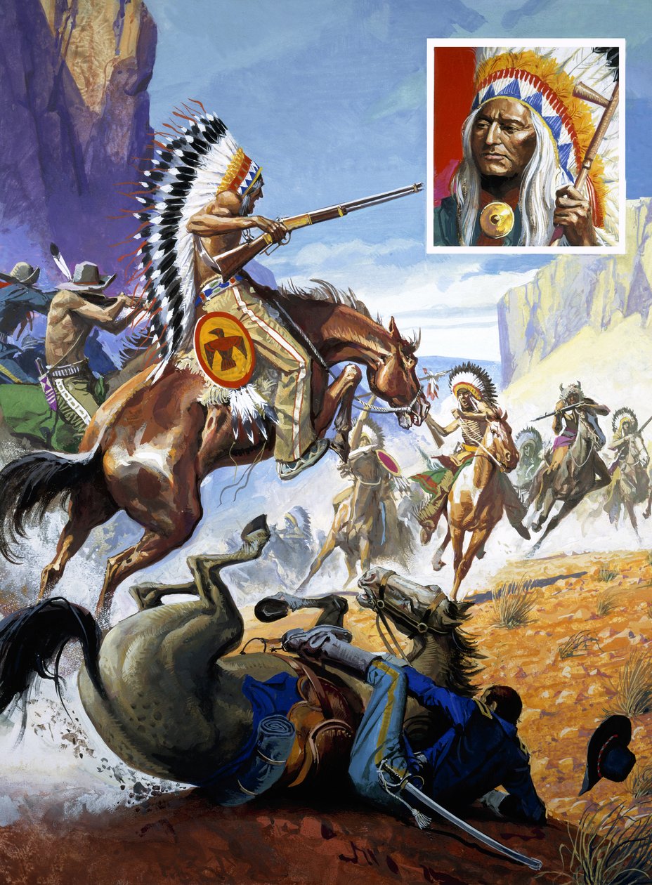 Indián indiánok és amerikai katonák csetepatéja (gouache, papír) alkotó: Severino Baraldi