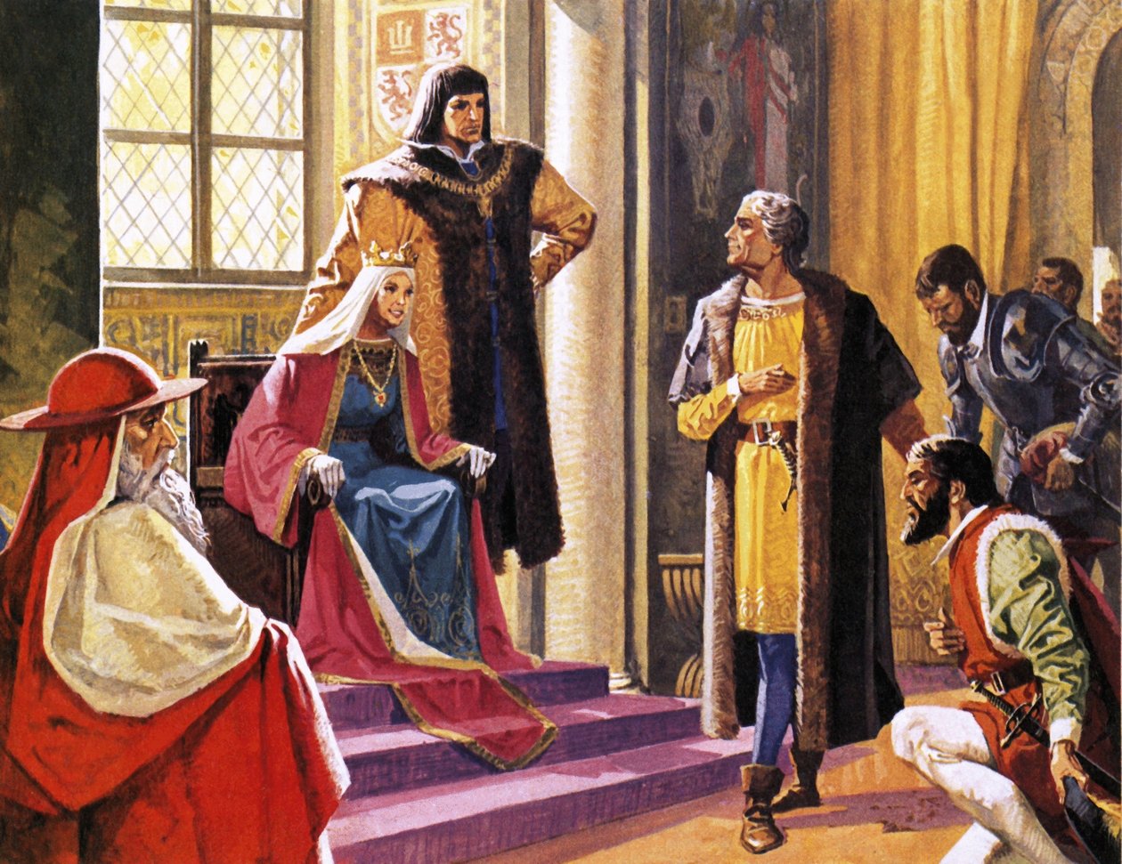 Amerigo Vespucci úgy képzelte, hogy beszámol utazásairól Izabella spanyol királynőnek. alkotó: Severino Baraldi