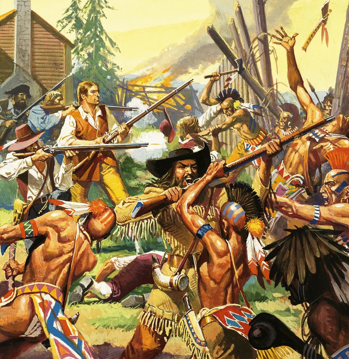 Daniel Boone egy Kentucky-i tanyát véd a támadó indiánoktól alkotó: Severino Baraldi