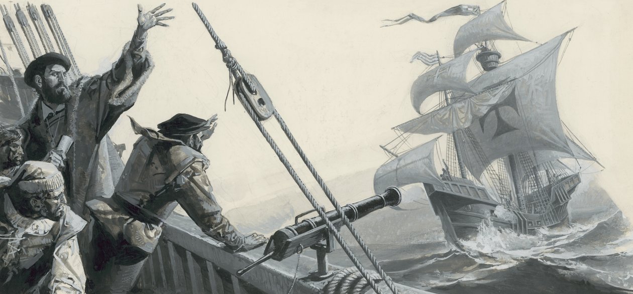 Ferdinand Magellán (1480-1521) a Csendes-óceán felfedezéséről (gouache, papír) alkotó: Severino Baraldi