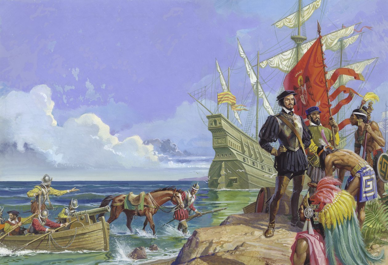 Hernando Cortes megérkezik az Újvilágba alkotó: Severino Baraldi