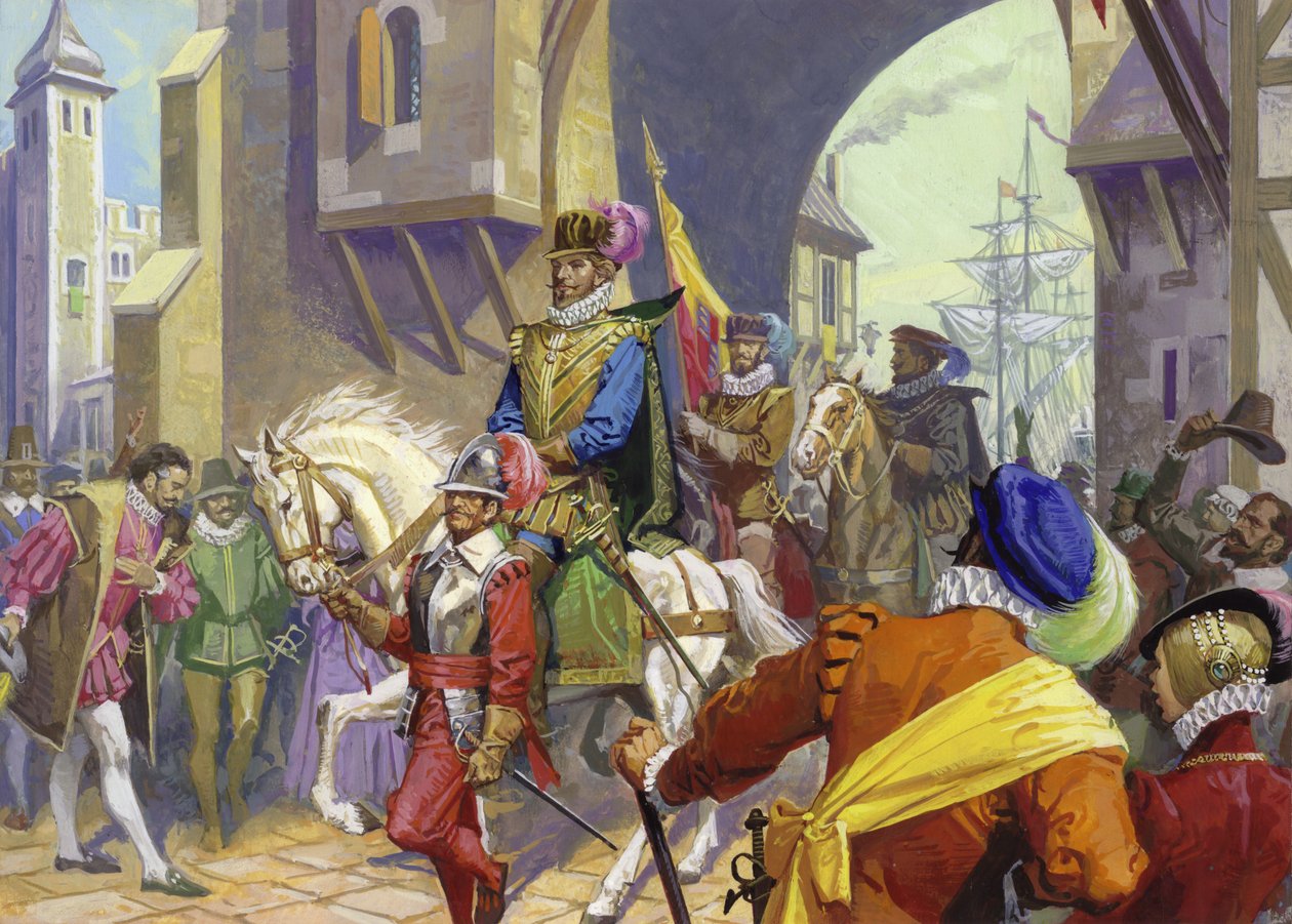 Sir Francis Drake megérkezik Plymouthba (gouache, papír) alkotó: Severino Baraldi