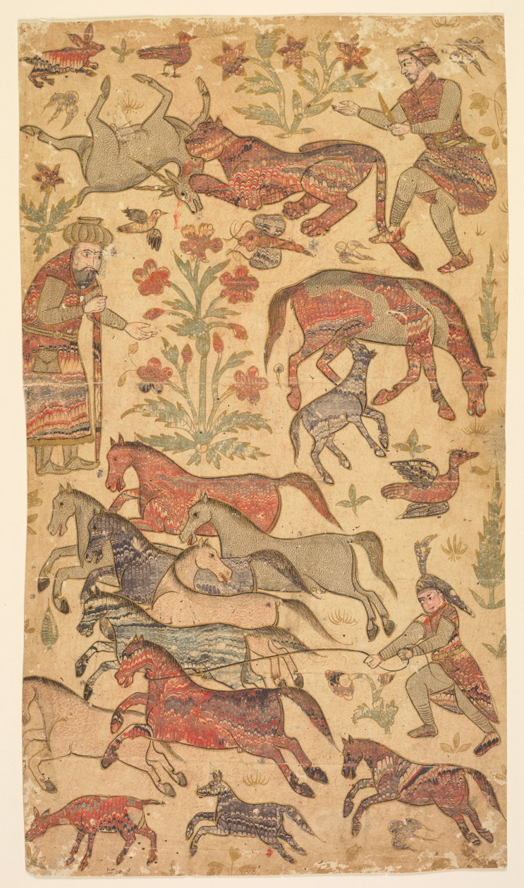 Rusztam márványozott képe, ahogy elkapja Rakhsh-t, kb. 1650. alkotó: Shafi