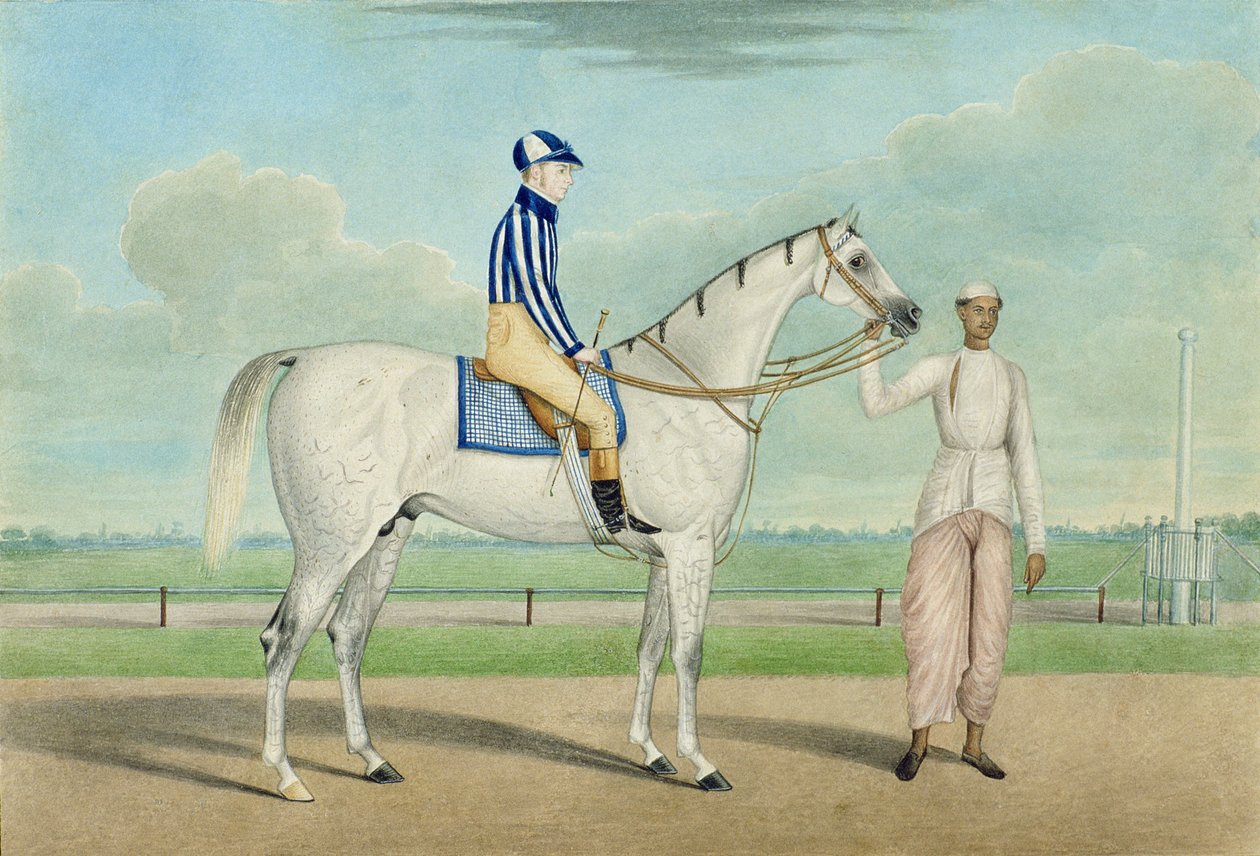 Versenyló zsokéval és ápolóval, Kalkutta alkotó: Shaik Muhammad Amir of Karraya