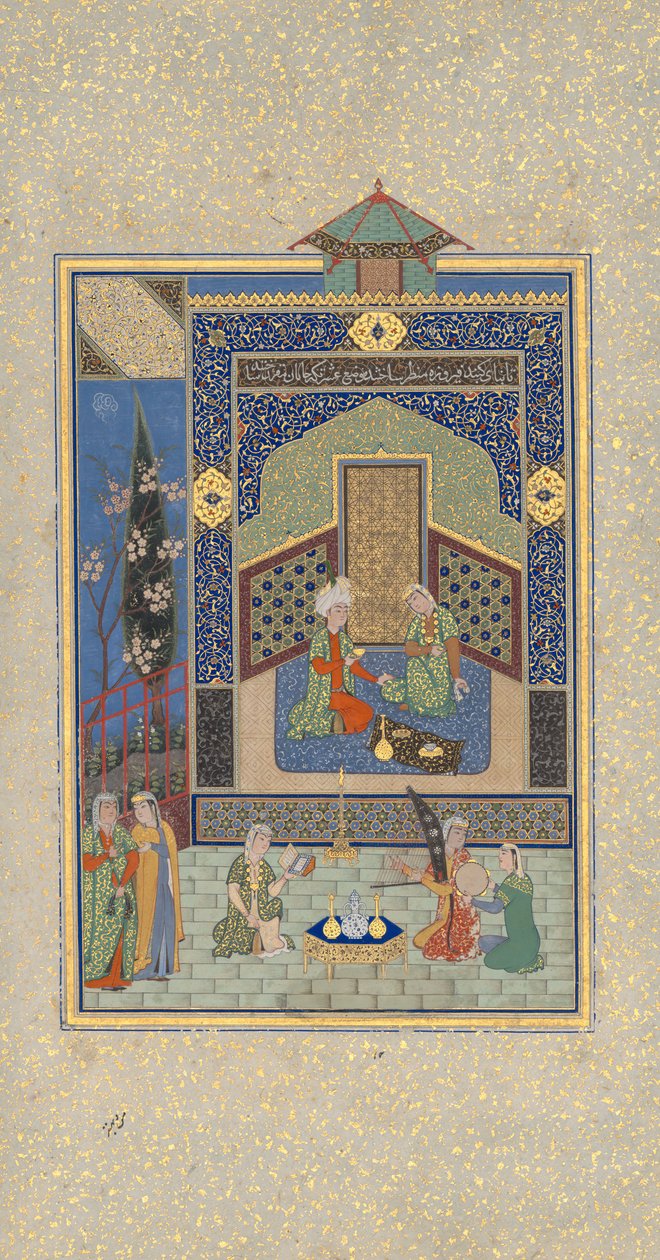 Bahram Gur a Türkiz Palotában szerdán, Folio 216 egy Khamsa...AH 931AD1524-25 alkotó: Shaikh Zada