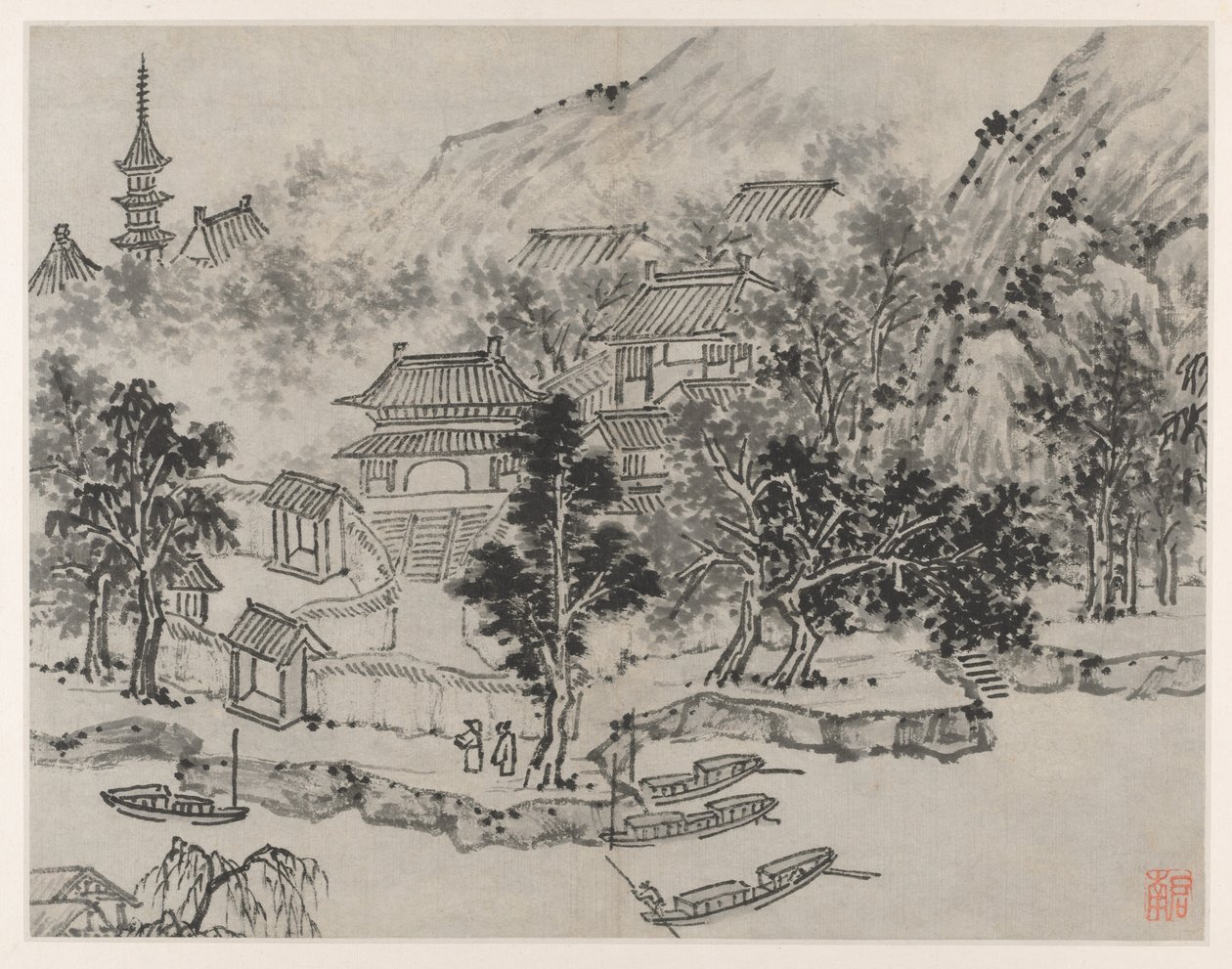 Tiger Hill 12 képe, Suzhou: Távoli kilátás a Tiger Hillre a csatorna kikötéséről, 1490 után. alkotó: Shen Zhou