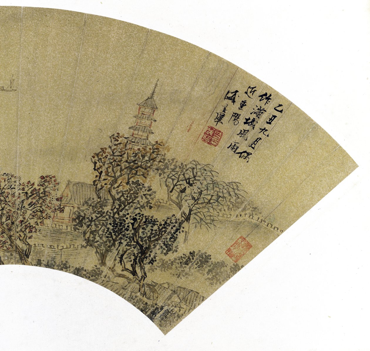 Részlet a tájról pagodával, házakkal és csónakokkal, 1625 (tinta és színek arany papíron) alkotó: Sheng Maoye