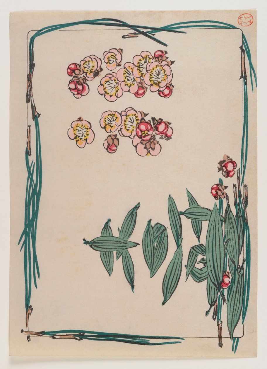 Cseresznyevirágok fenyőtűszegéllyel a Hana Kurabe sorozatból, 1880 körül (fatömb színes nyomat) alkotó: Shibata Zeshin