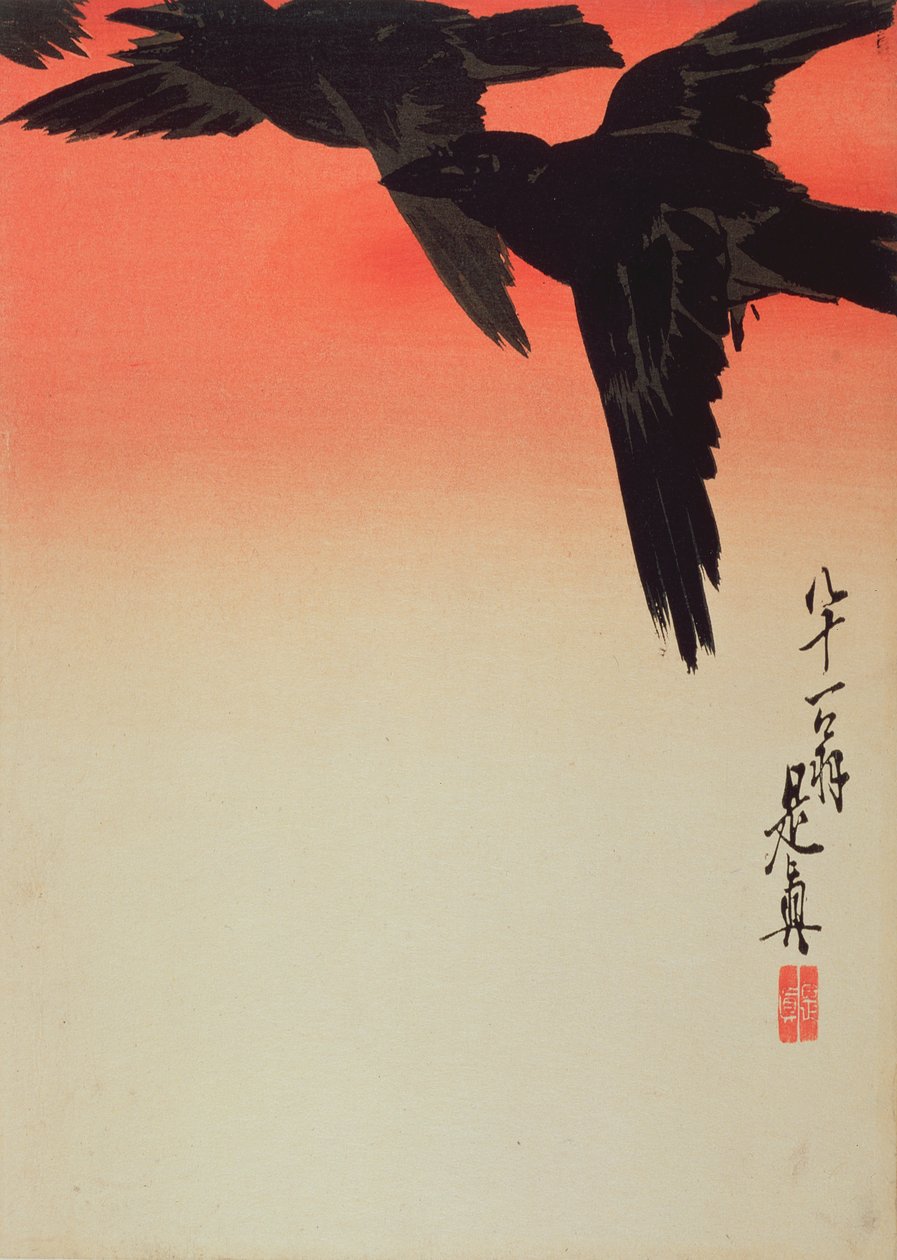 Varjak repülnek napfelkeltekor, 1888 (színes fametszet) alkotó: Shibata Zeshin