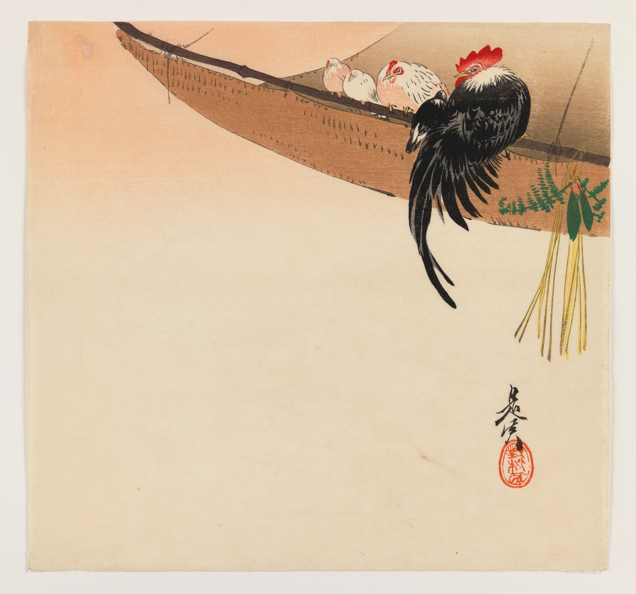 Tyúkok és kakas függőággyal a Hana Kurabe sorozatból, 1880 körül (fatömb színes nyomat) alkotó: Shibata Zeshin