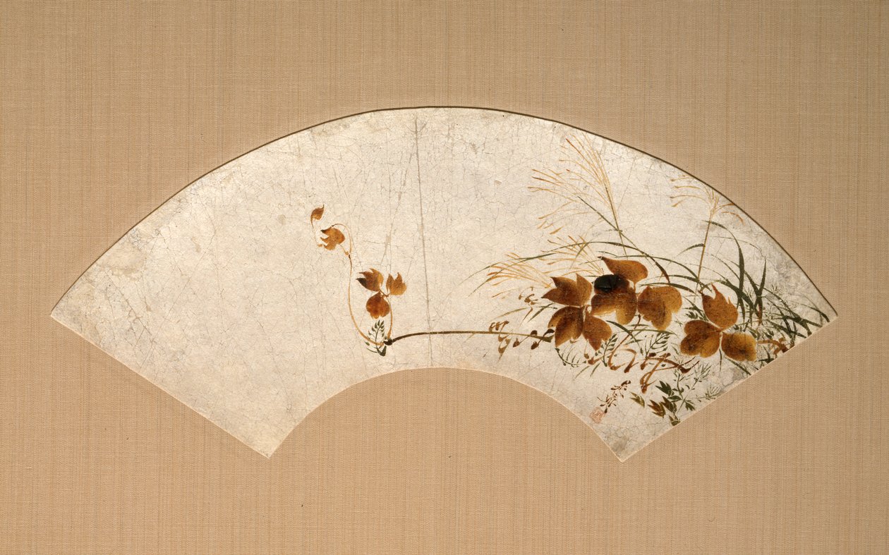 Őszi levelek és füvek (őszi füvek képe, lakkfestmény legyezőlevélen) alkotó: Shibata Zeshin