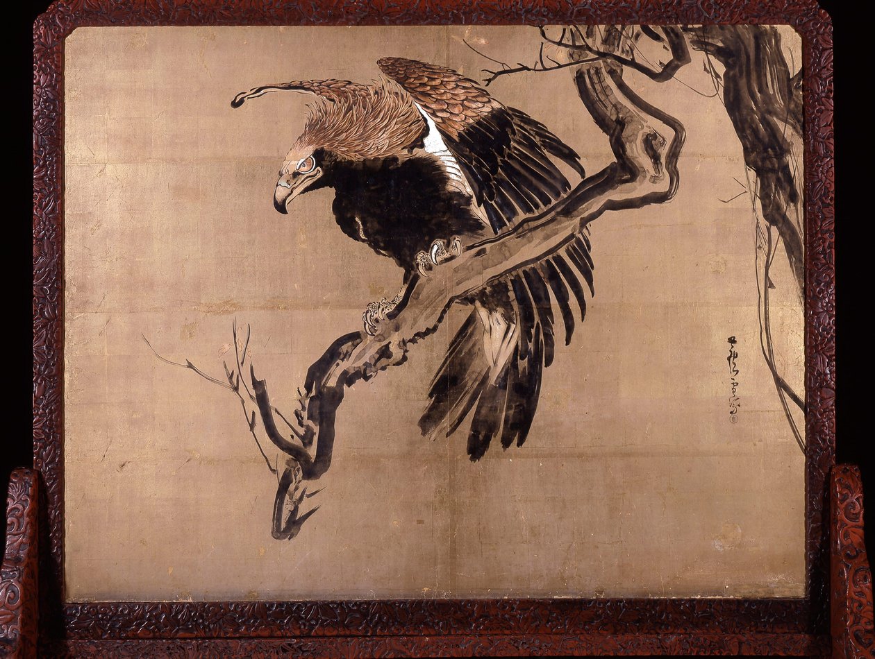 Kárász a hullámokban (Zeshin) és Sas egy ágon (Rosetsu hátoldal) alkotó: Shibata Zeshin