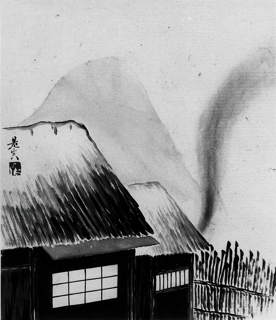 Víkendház és hegyek, 19. század. alkotó: Shibata Zeshin