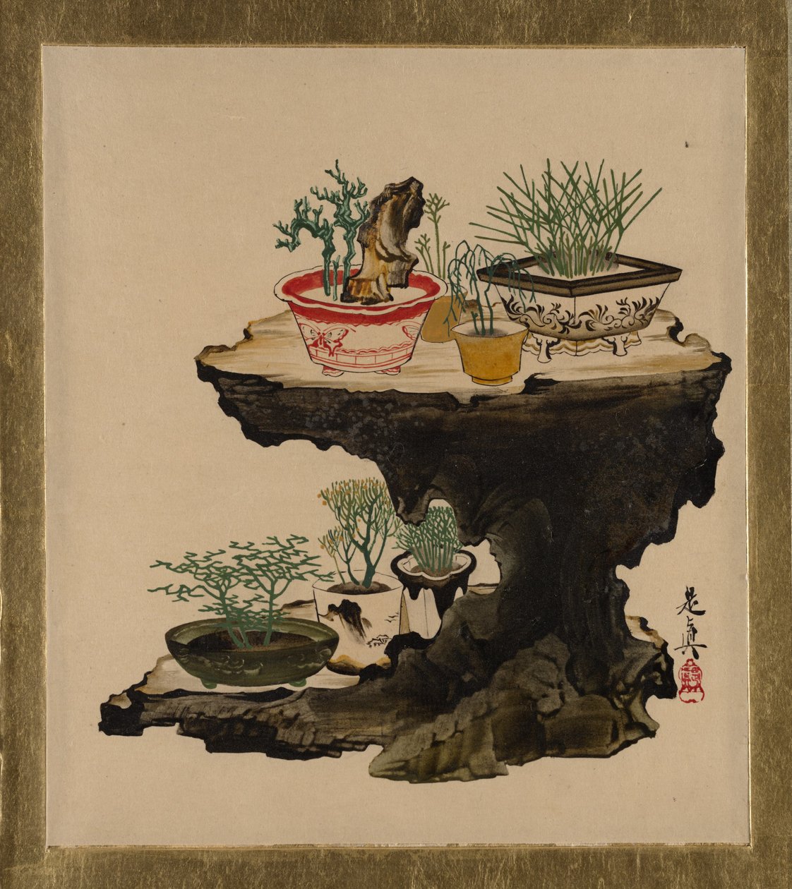 Különféle témájú lakkfestmények: Bonsai, 1882. alkotó: Shibata Zeshin