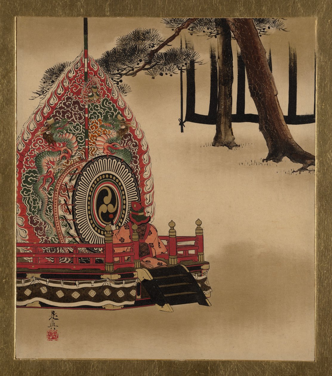 Különféle témájú lakkfestmények: Dob Gagaku tánchoz, 1882. alkotó: Shibata Zeshin
