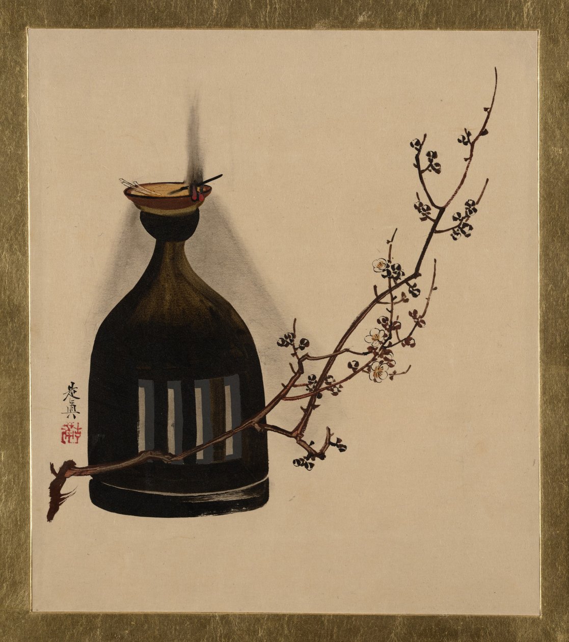 Különféle témájú lakkfestmények: Szilvaág olajlámpással, 1882. alkotó: Shibata Zeshin