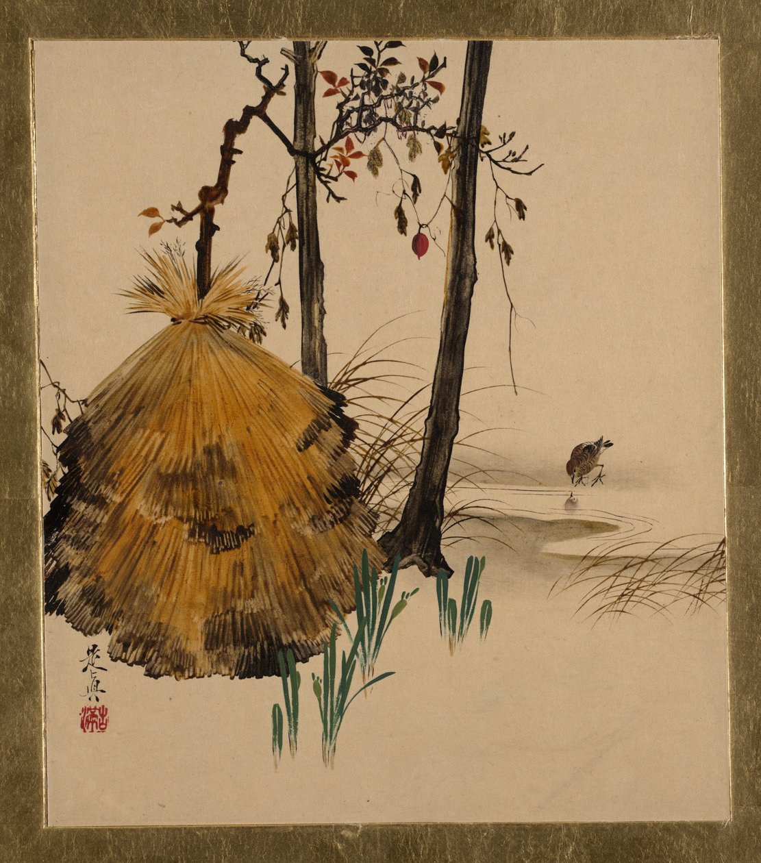 Különféle témájú lakkfestmények: Hómenedék egy fának verebekkel, 1882. alkotó: Shibata Zeshin