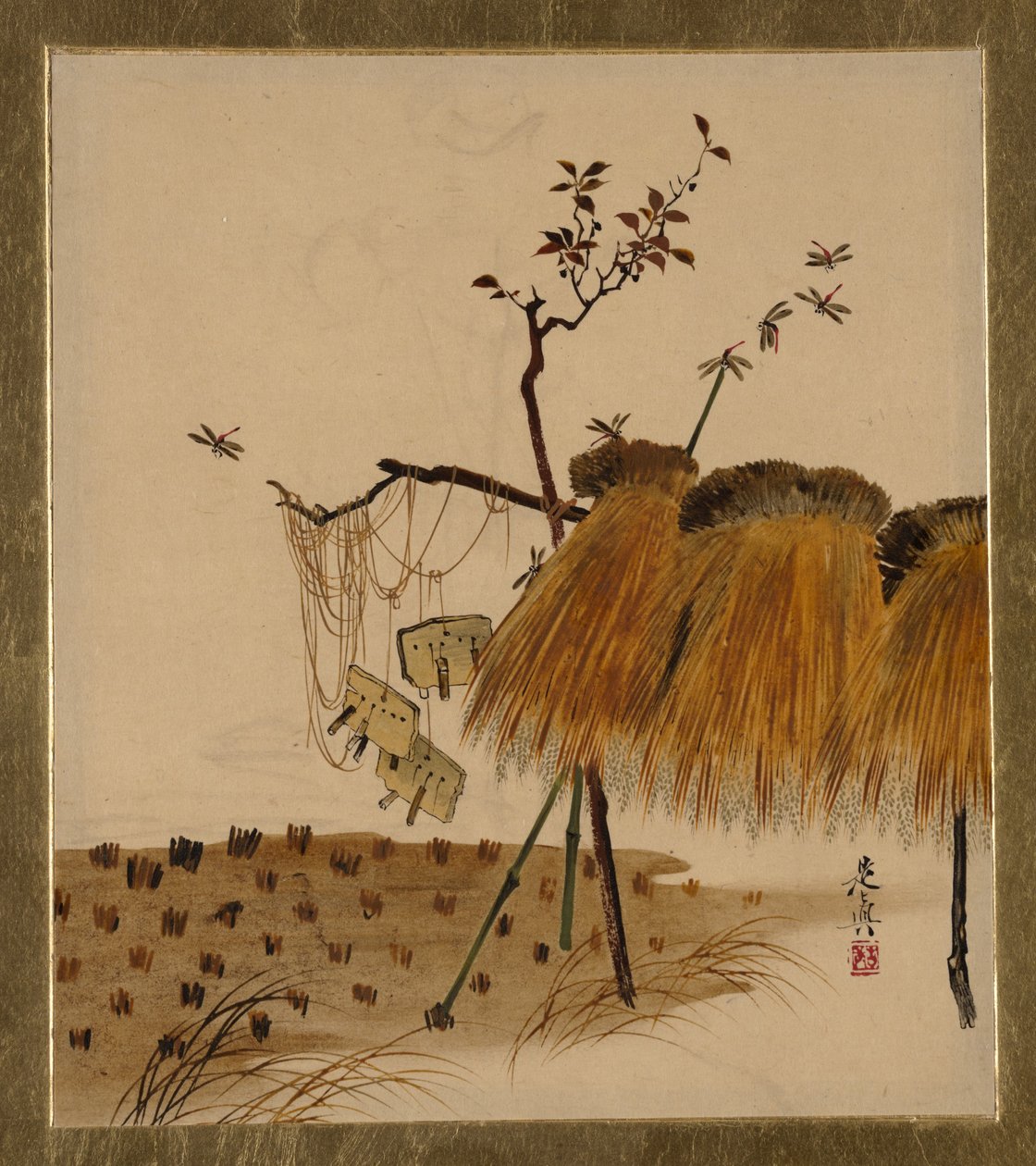Különféle témájú lakkfestmények: rizshalom és szitakötők, 1882. alkotó: Shibata Zeshin