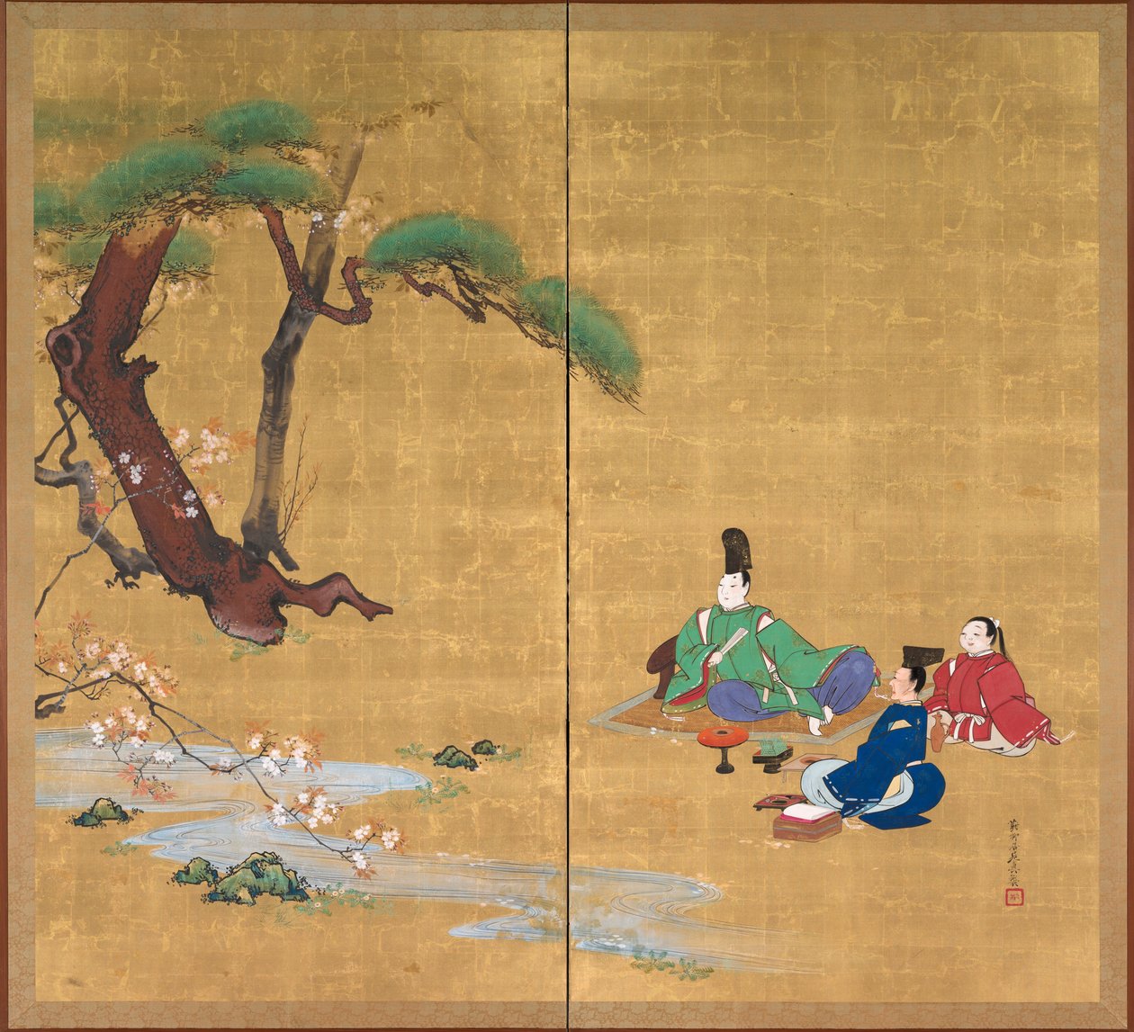 Narihira Viewing the Cherry Blossoms, Két paneles összecsukható képernyő, 1800-as évek vége (tinta, szín, lakk és arany selyemen) alkotó: Shibata Zeshin