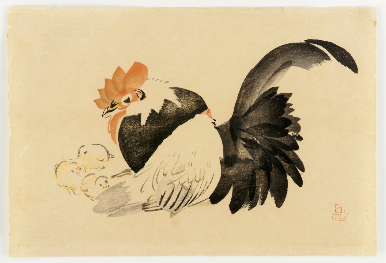 Kakas, tyúk és csibék, Meiji-korszak, 1870-79 (színes fatömbnyomat) alkotó: Shibata Zeshin