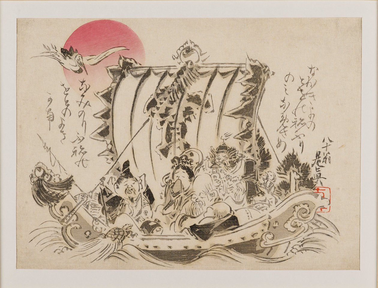 A szerencse hét istene egy takarabune-on vagy kincseshajón, 1886-ban alkotó: Shibata Zeshin