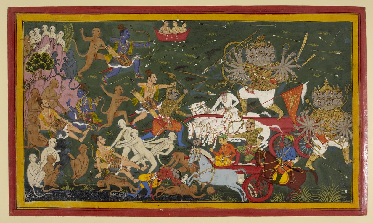 Hozzáadás. 15297 (1) f.142r Harc a tízfejű démonkirály Ravana ellen, „Ramayana” alkotó: Unbekannt