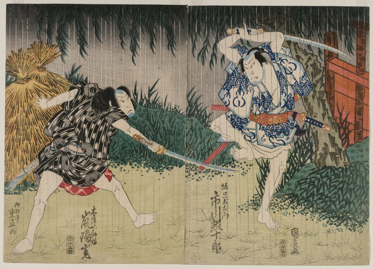 Arashi Suffering Ii, mint Kizu Kansuke, Ichikawa Ebijuro Ii, mint Horiguchi Manzaemon, 1829. alkotó: Shigenao