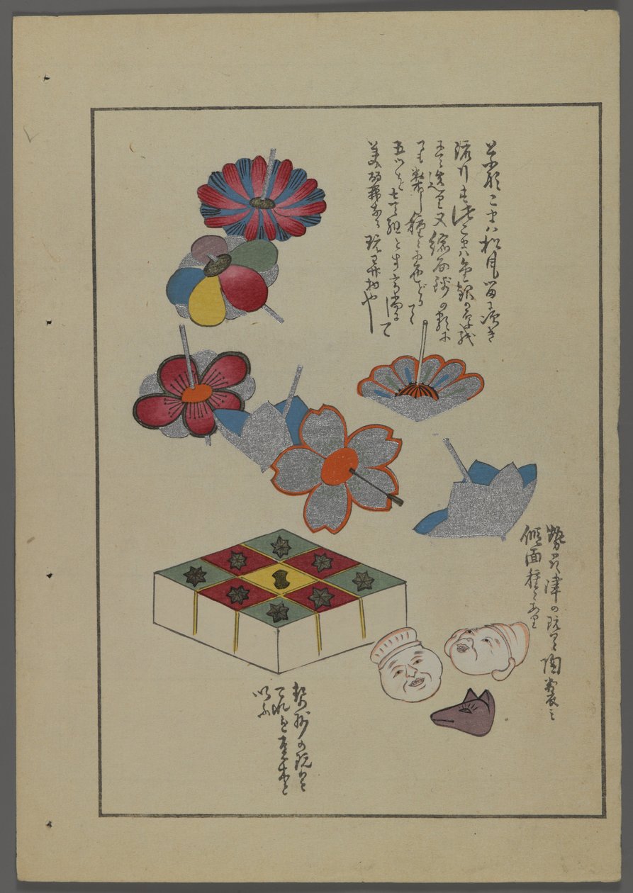 Japán játékok, az Unai no tomo (A Childs Friends) filmből, Shimizu Seifu, 1891-1923. Virágok, kockák, állat- és emberfejek. alkotó: Shimizu Seifu