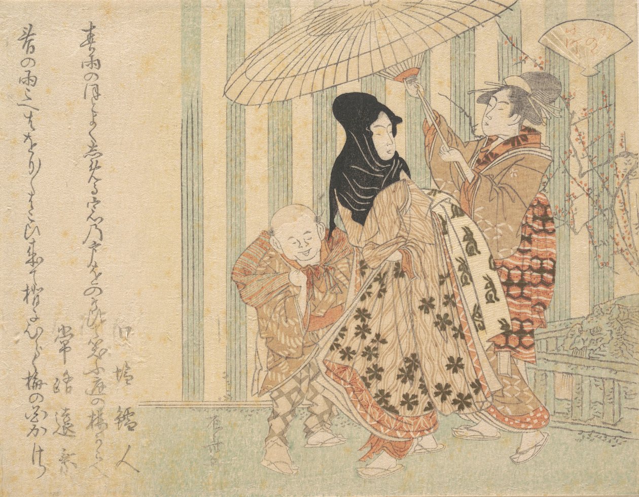 Udvarhölgy kísérőkkel, fiúval és szobalánnyal, esőben esernyő alatt, kb. 1800., kb. 1800. alkotó: Shinsai