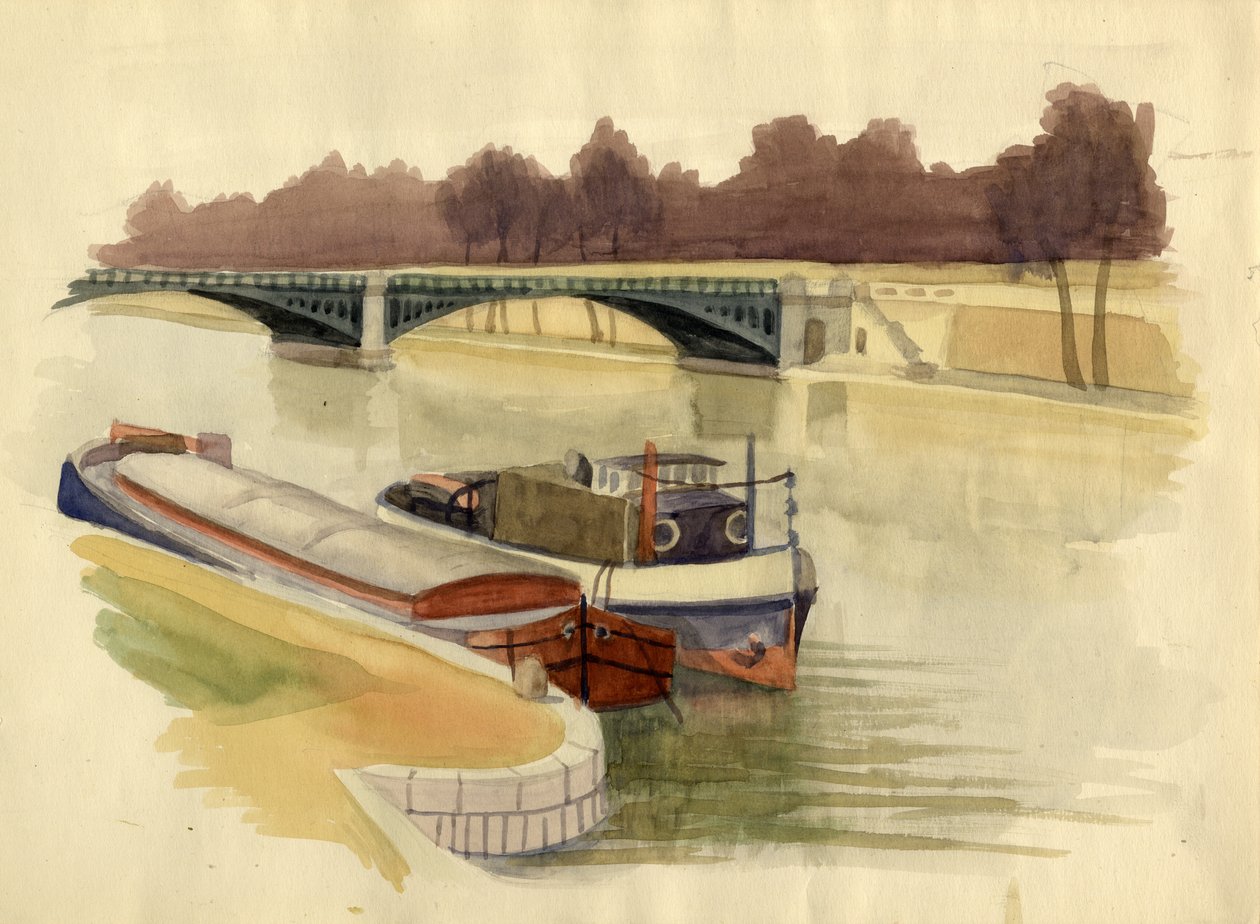 Bárkák a Temze folyón a Battersea Bridge közelében, London, 1951. alkotó: Shirley Markham