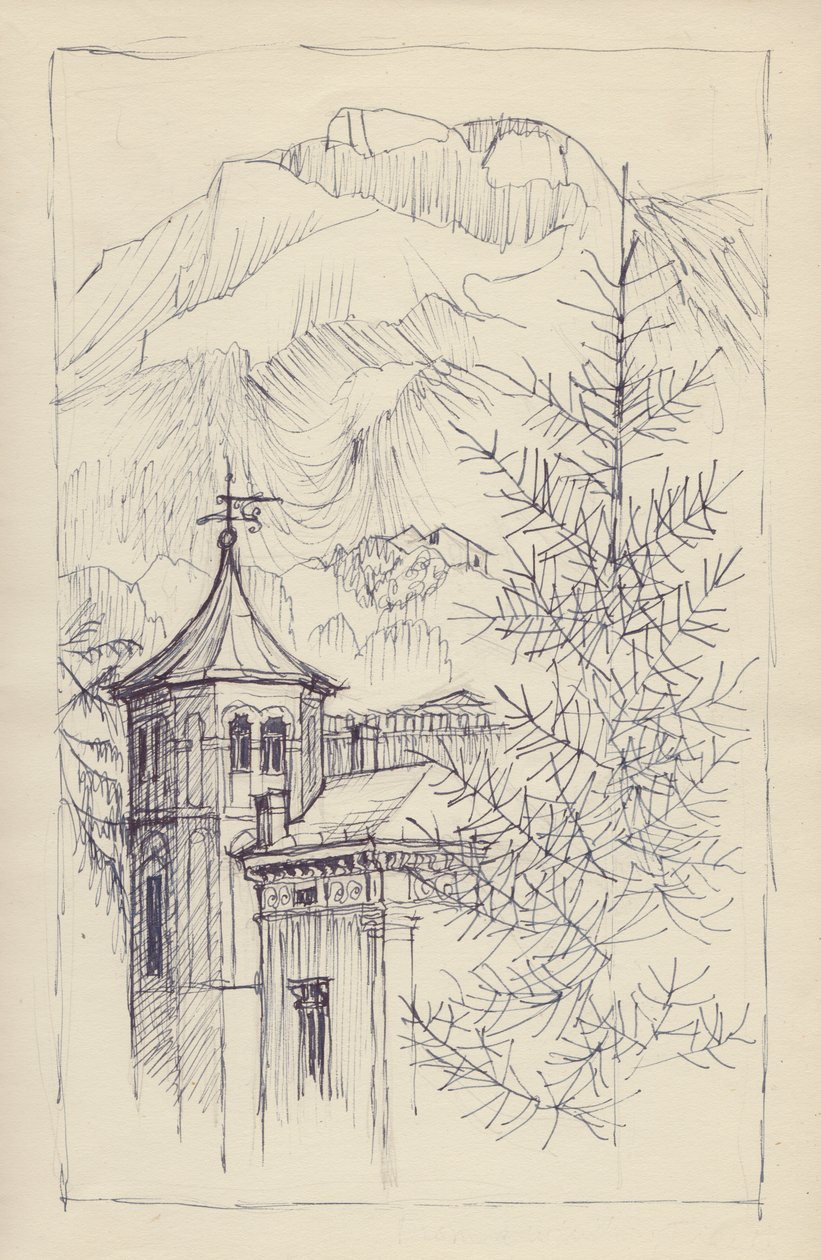 Templom és hegyek, Olaszország, 1950. alkotó: Shirley Markham