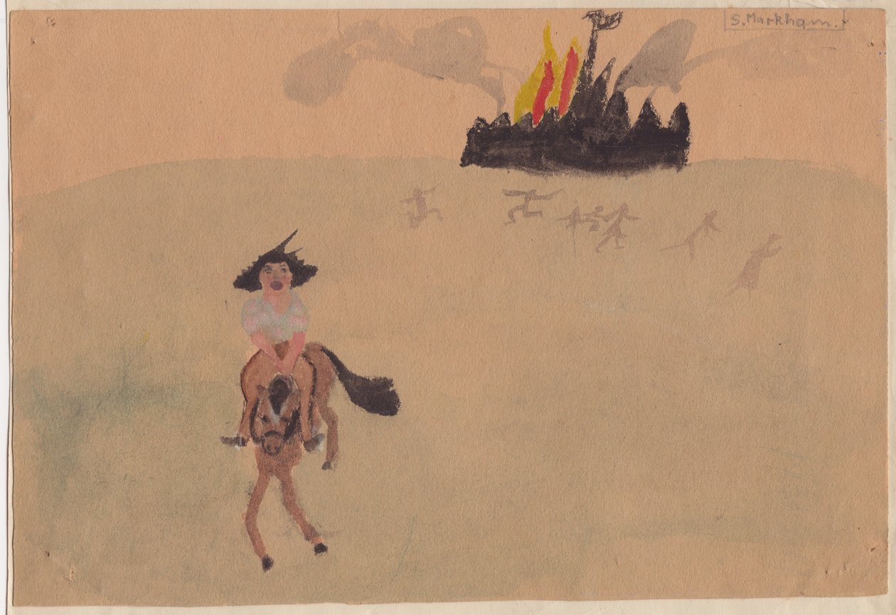 Lány lovon menekül a lángoló erődből, 1941. alkotó: Shirley Markham