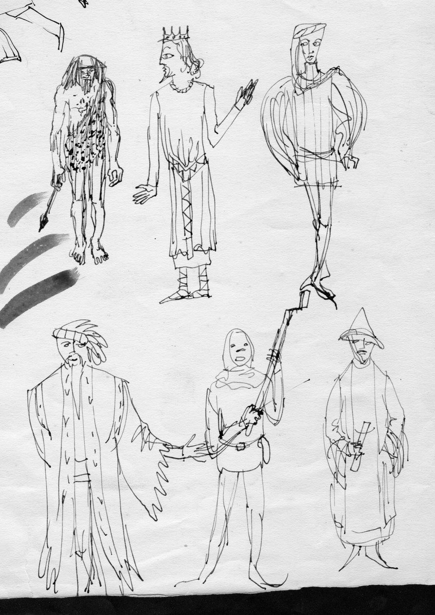 Vázlatok oldala, emberek korabeli viseletben, 1950. alkotó: Shirley Markham