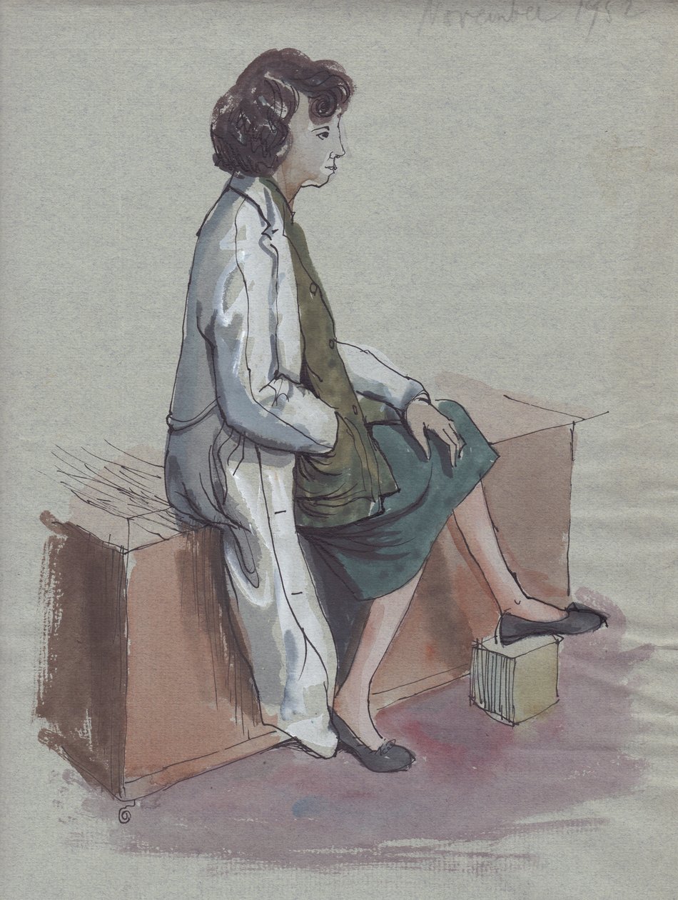 Ülő nő fehér köpenyben, 1952. alkotó: Shirley Markham