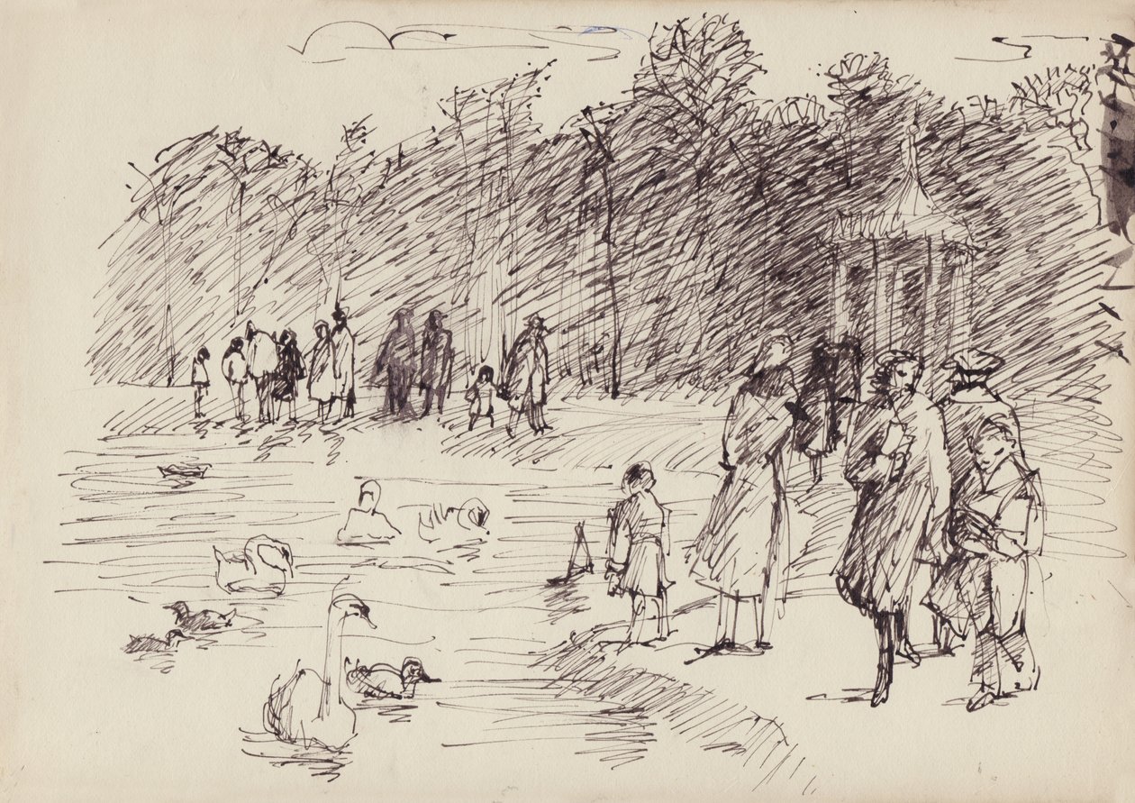 Hattyúk a kerek tavon a londoni Kensington Gardensben, 1950. alkotó: Shirley Markham