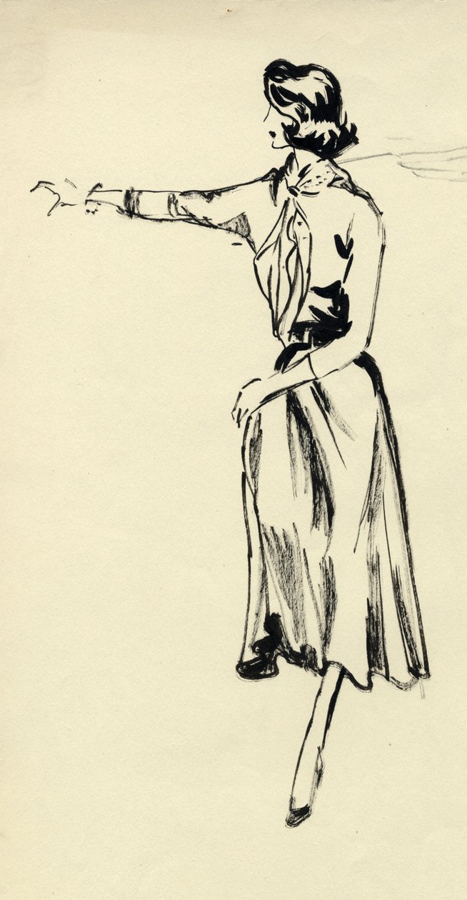 Nő teljes szoknyában, kinyújtott karral, 1950. sz. alkotó: Shirley Markham