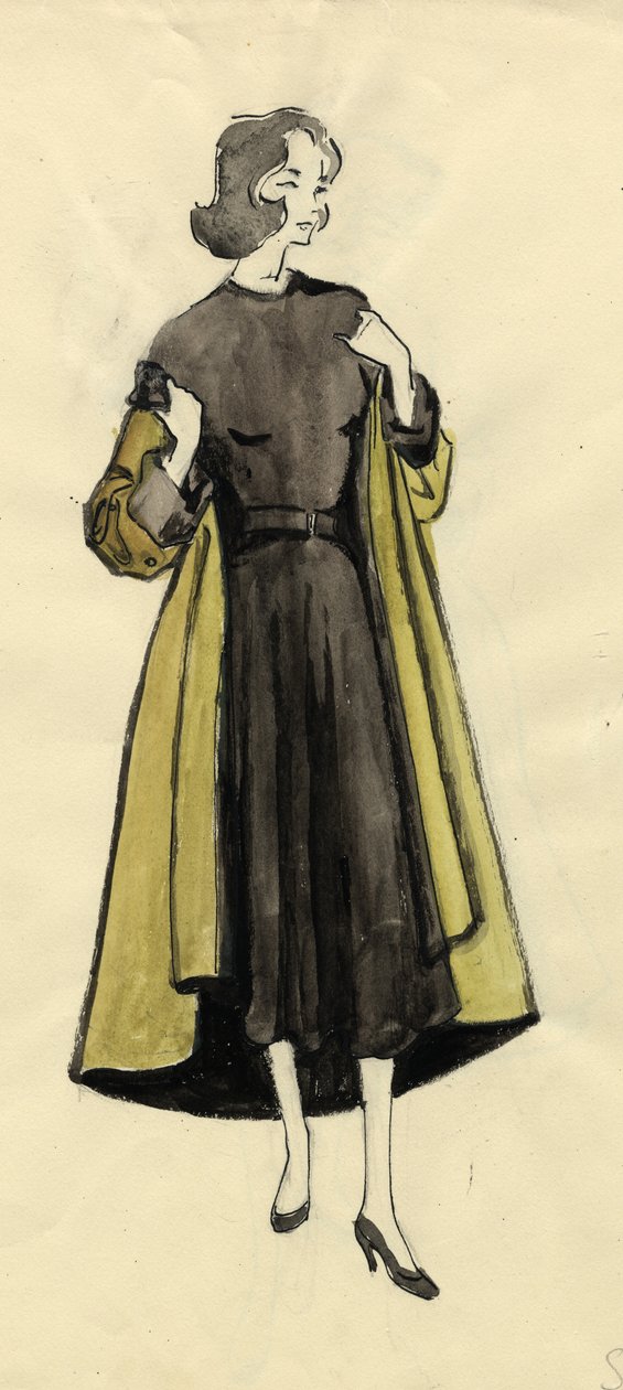 Nő olajbogyó kabátban, 1950. alkotó: Shirley Markham