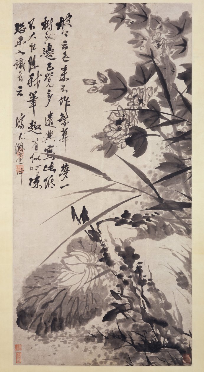 Hibiszkusz, lótusz és szikla, kb. 1705-7. alkotó: Shitao