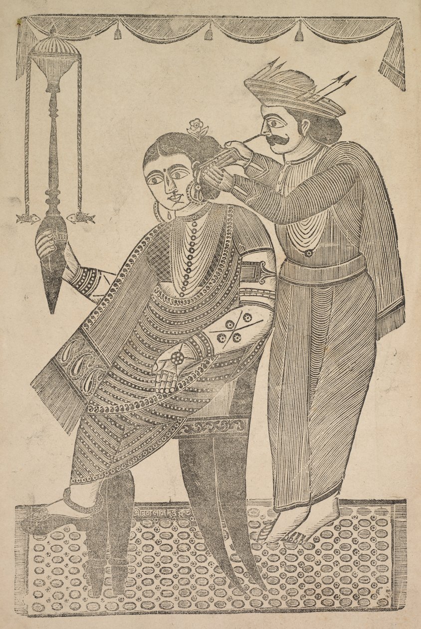Egy fodrász egy kurtizán fülét tisztítja, 1800-as évek. alkotó: Shri Gobinda Chandra Roy
